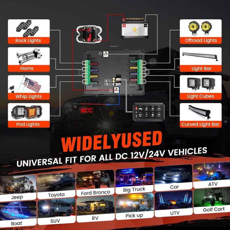 SUPAREE 8 Gang Bluetooth RGB Switch Panel,Toggle Momentary Flash Strobe Memory Function Auxiliary Switch Panel,Waterproof Circuit Control Relay System Box Universal for Truck ATV SUV UTV Boat - Image 4